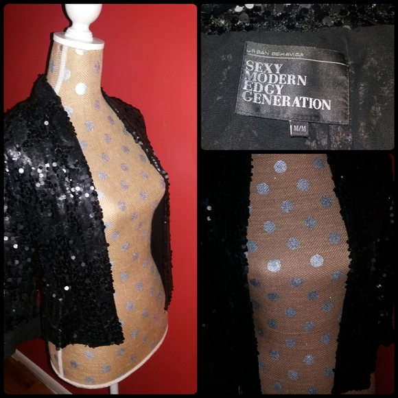 Black Matte Sequin Cropped Open Blazer - Picture 4 of 7